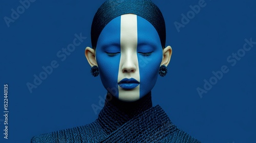 A woman with vibrant blue face paint and accessories