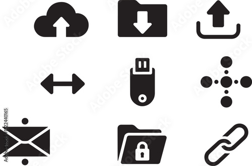 Collection of modern black and white technology icons for digital communication and data transfer