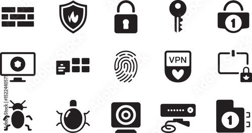 Collection of vector security and cyber security icons in simple modern black and white style
