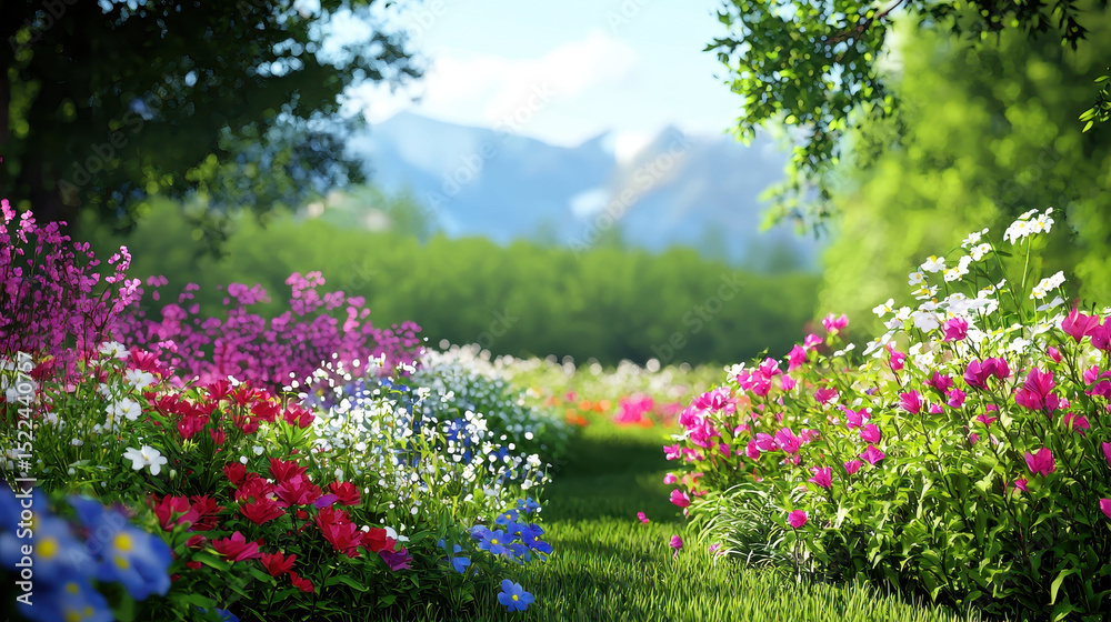 Naklejka premium Vibrant garden filled with colorful flowers, lush greenery, and serene landscape creates breathtaking view of nature beauty