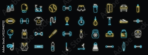 Glowing neon icons illuminate diverse sports and fitness activities, showcasing equipment and apparel for active lifestyles