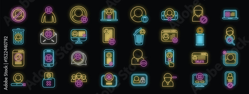 Glowing neon icons represent removing user, deleting account or profile on computer, smartphone, and other platforms
