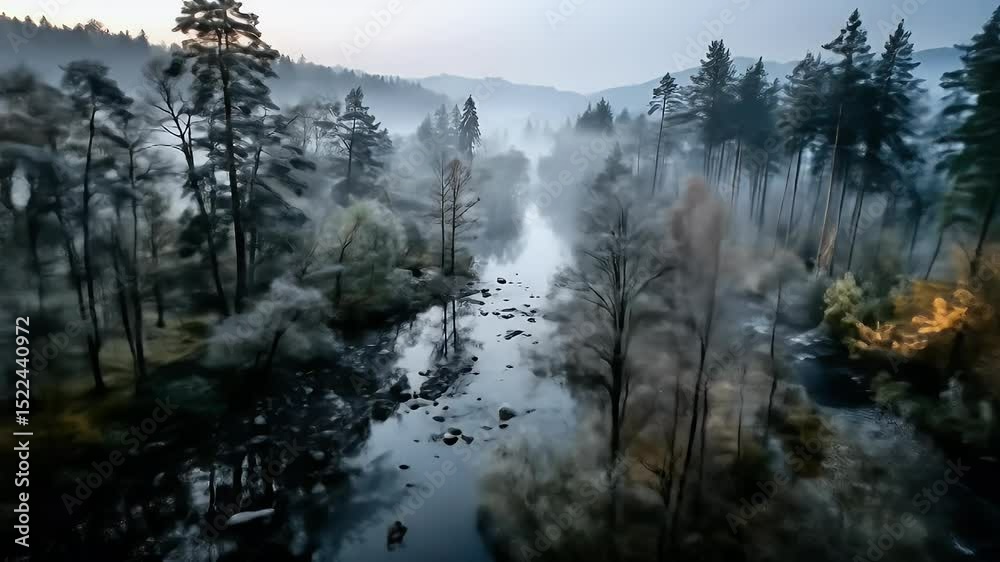 Misty river in forest landscape aerial view nature scenery