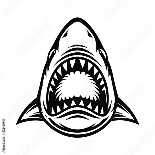 Aggressive Shark Head with Open Mouth and Sharp Teeth in Black and White Outline Style