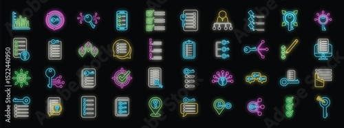 Neon icons representing keyword research, analysis, and planning for effective seo and content marketing
