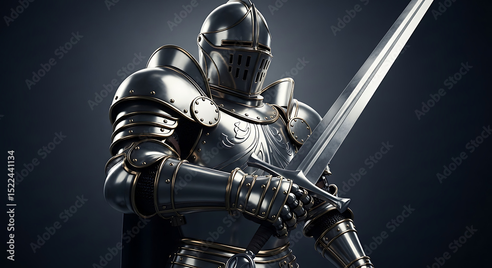 Naklejka premium Majestic Medieval Knight in Full Armor, Gripping a Longsword