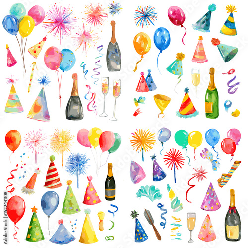 Watercolor party elements set with balloons, hats, confetti, and champagne — ideal for birthday designs, celebration icons, and festive invitations.

