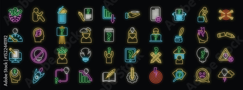 Glowing neon icons illustrate challenges in work and study, depicting lack of inspiration, procrastination, and creative block