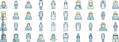 Large set of icons representing muslim people and traditional islamic clothes