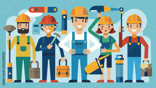 Cartoon Construction Crew Diverse Team of Workers in Hard Hats with Tools and Toolboxes