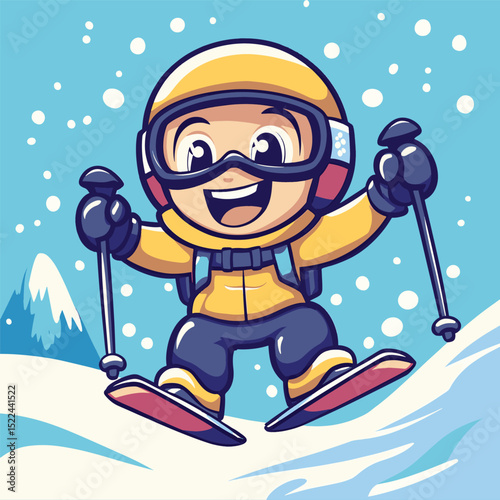 Joyful Skier Cartoon: A cheerful cartoon child skier enjoys a snowy adventure, wearing bright winter gear and skiing down a snow-covered slope with glee.