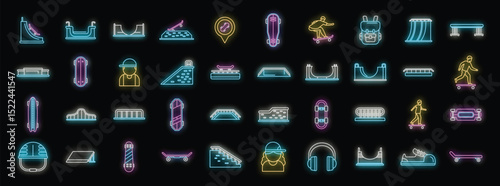 Neon icons showcasing various skateboarding elements, skateparks, ramps, equipment, and active lifestyle