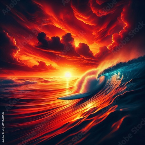 Fiery Sunset Surfing Deep reds and oranges dominating the sky