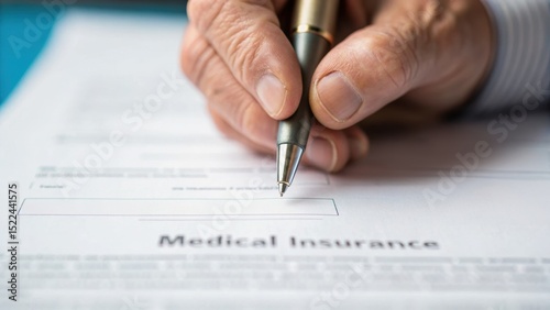 A hand holding a pen is poised to sign a medical insurance form on a blue background.