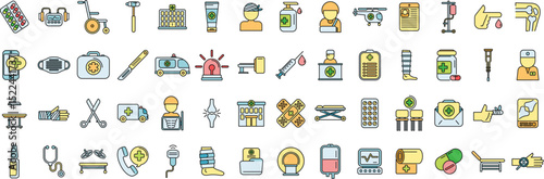Comprehensive set of traumatology icons representing prevention, diagnosis, treatment, and rehabilitation of physical injuries