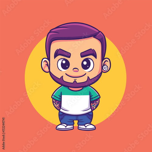 Playful Persona: A charming cartoon character with a beard and tattoos, radiates warmth and approachability with big friendly eyes.