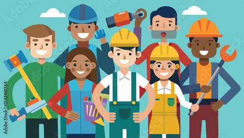 Diverse Group of Cartoon Construction and Service Workers with Tools Posing Together Happily