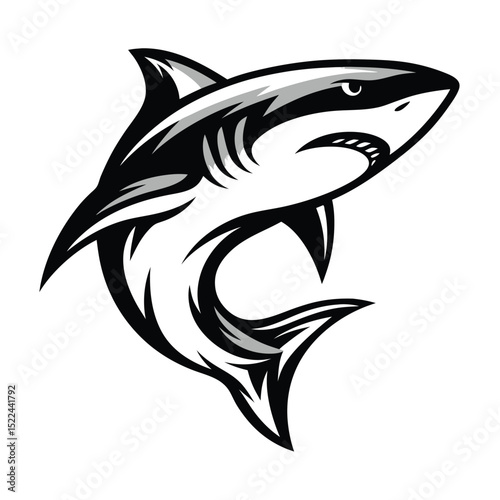 Black and White Shark Mascot Style Swimming Aggressively on White Background