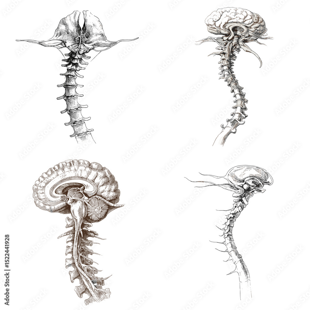 Obraz premium Vintage anatomical drawings of the human spine and brainstem in detailed sketch style, perfect for medical study, neurology education, and anatomy visuals.
