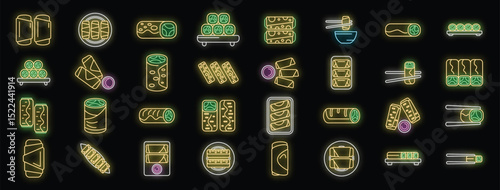 Glowing neon spring roll icons depicting various styles and presentations of this popular asian dish