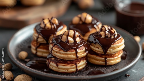 Delicious Pancakes Topped with Chocolate Syrup and Nuts on Plate