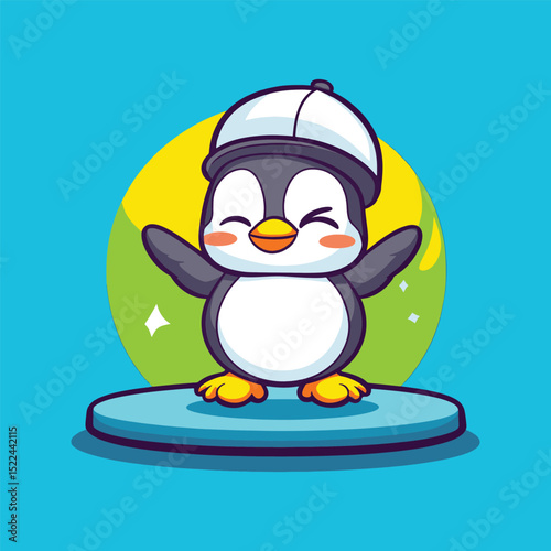 Playful Penguin Cartoon: A cute penguin stands on a pedestal, wearing a cap and radiating joy, celebrating a moment of delight, offering a sense of playfulness, humor, and cheerful animation.