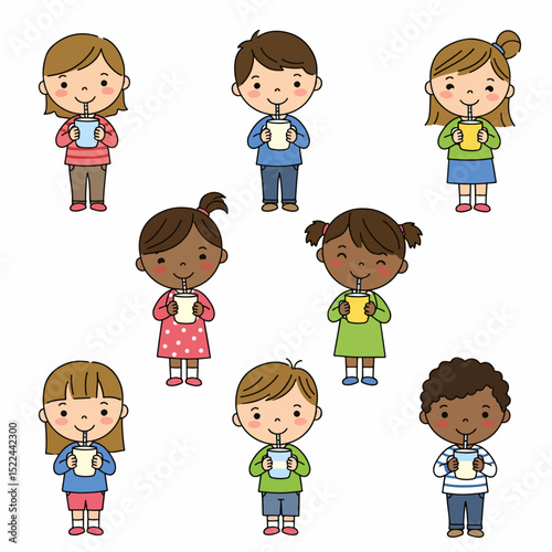 Kids drinking beverages with straws illustration