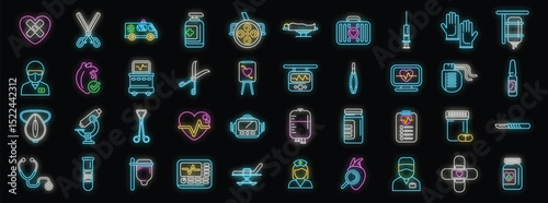 Colorful neon icons illuminate medical tools, treatments, and healthcare professionals, symbolizing modern medicine and emergency services