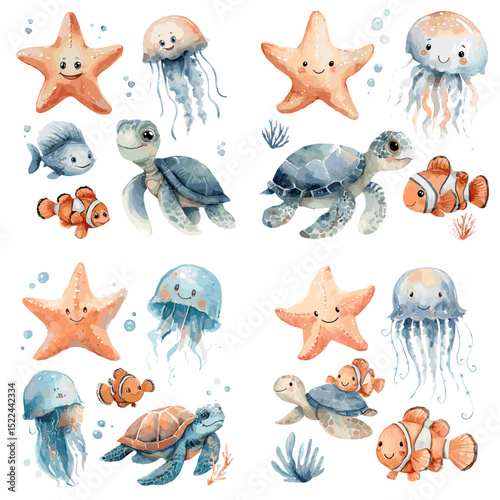 Adorable watercolor sea animal illustrations including jellyfish, starfish, turtles, and clownfish, perfect for kids designs, education, and ocean-themed decor.

