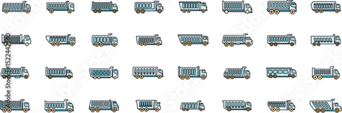 Set of dump truck icons representing various dumper models used in construction sites and industrial settings, showcasing diverse load capacities and designs