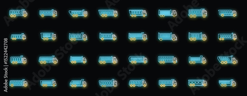 Glowing neon icons of various dump trucks, highlighting diverse transportation and construction vehicles against a dark backdrop