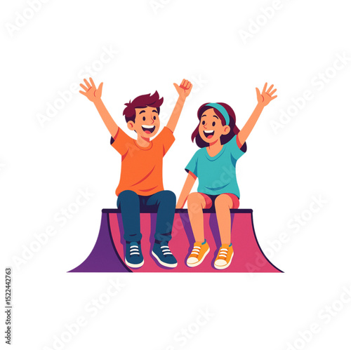 Happy children joyfully sitting on a skate ramp, expressing excitement and carefree fun at the playground, enjoying childhood adventures.