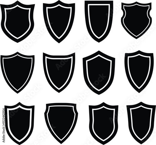 Set of various black shield emblems with white border for protection and security concepts
