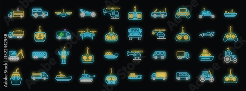 Neon glowing radio controlled toys icons including cars, trucks, tanks, boats, helicopters, drones, and a robot, forming a playful and futuristic collection