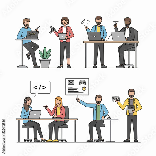 Team members working at desks with laptops