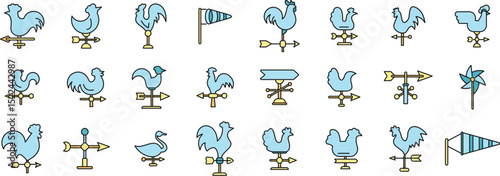Collection of weather vanes indicating wind direction, featuring various shapes and rooster designs