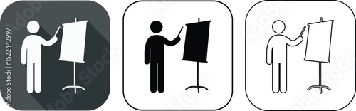 Simplified presentations icon set featuring person with pointer standing near blank board