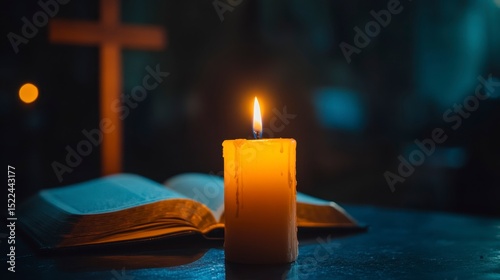 Candle Flame on Open Bible with Cross in Soft Focus Background