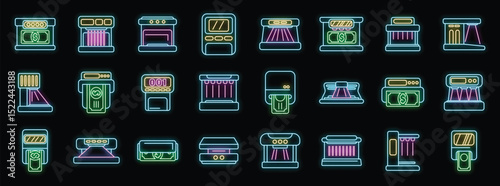 Collection of colorful neon coffee machine icons on a black background