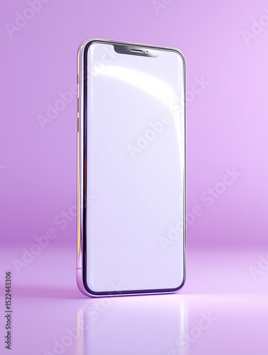 Smartphone mockup with blank screen on purple background.