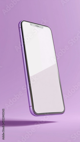 Smartphone with blank screen floats against a minimalistic purple backdrop.