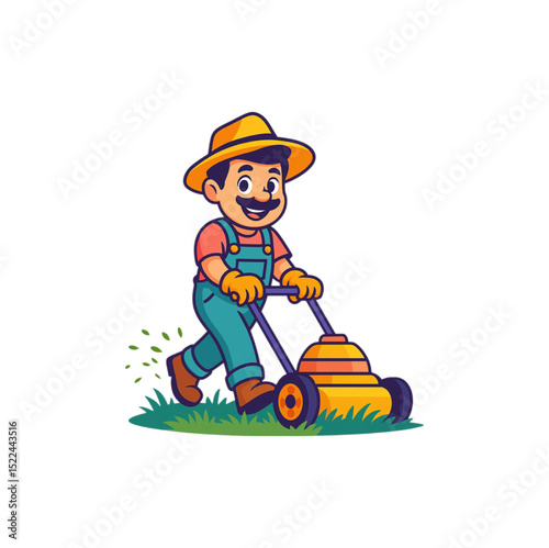 Happy gardener mowing lawn cheerful cartoon character design for landscaping business advertising or gardening service logo