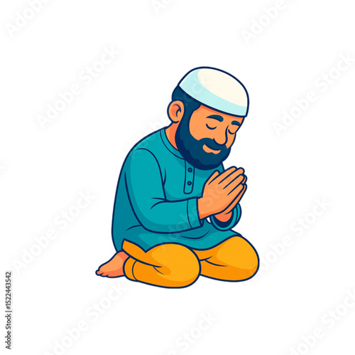 Muslim Man in Traditional Clothing Kneeling in Prayer Peaceful Islamic Faith Illustration