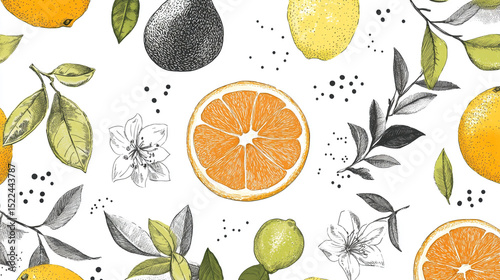 A collection of hand-drawn illustrations showcases various citrus fruits, including oranges, lemons, and limes, all rendered in detailed black ink on a clean white background. photo