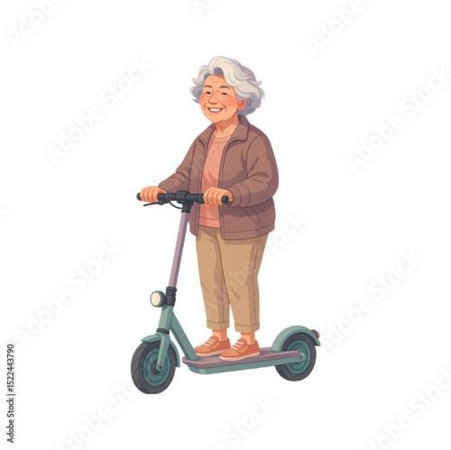 Happy senior woman riding electric scooter enjoying active lifestyle outdoors