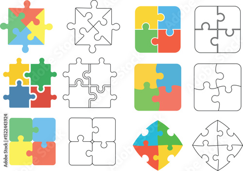 Colorful and outline four piece jigsaw puzzle elements in different arrangements and variations