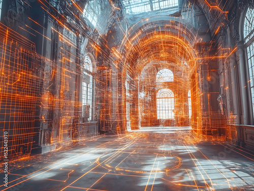 Fototapeta Naklejka Na Ścianę i Meble -  Stunning 3D scan of a dilapidated grand hall overlaid with an orange digital architectural blueprint.  Perfect for concepts of restoration, technology, history, architecture, and virtual reality.
