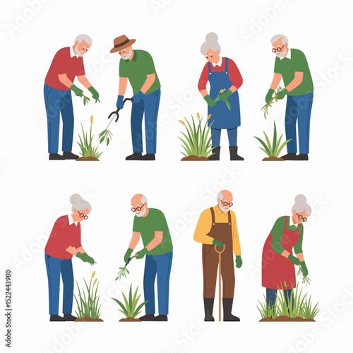 Elderly people gardening group working outdoors