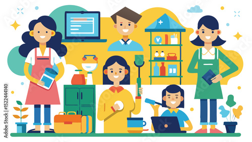 Diverse Individuals Engaging in Various Tasks Like Cooking, Cleaning, and Working at Home