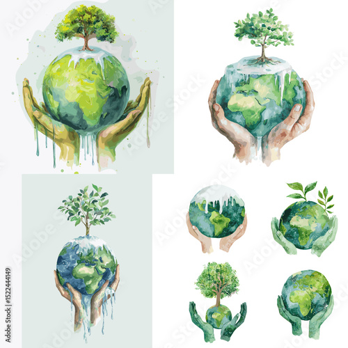 Watercolor illustrations of Earth held by hands with growing trees. Perfect for environmental campaigns, Earth Day posters, or sustainability-themed designs.

